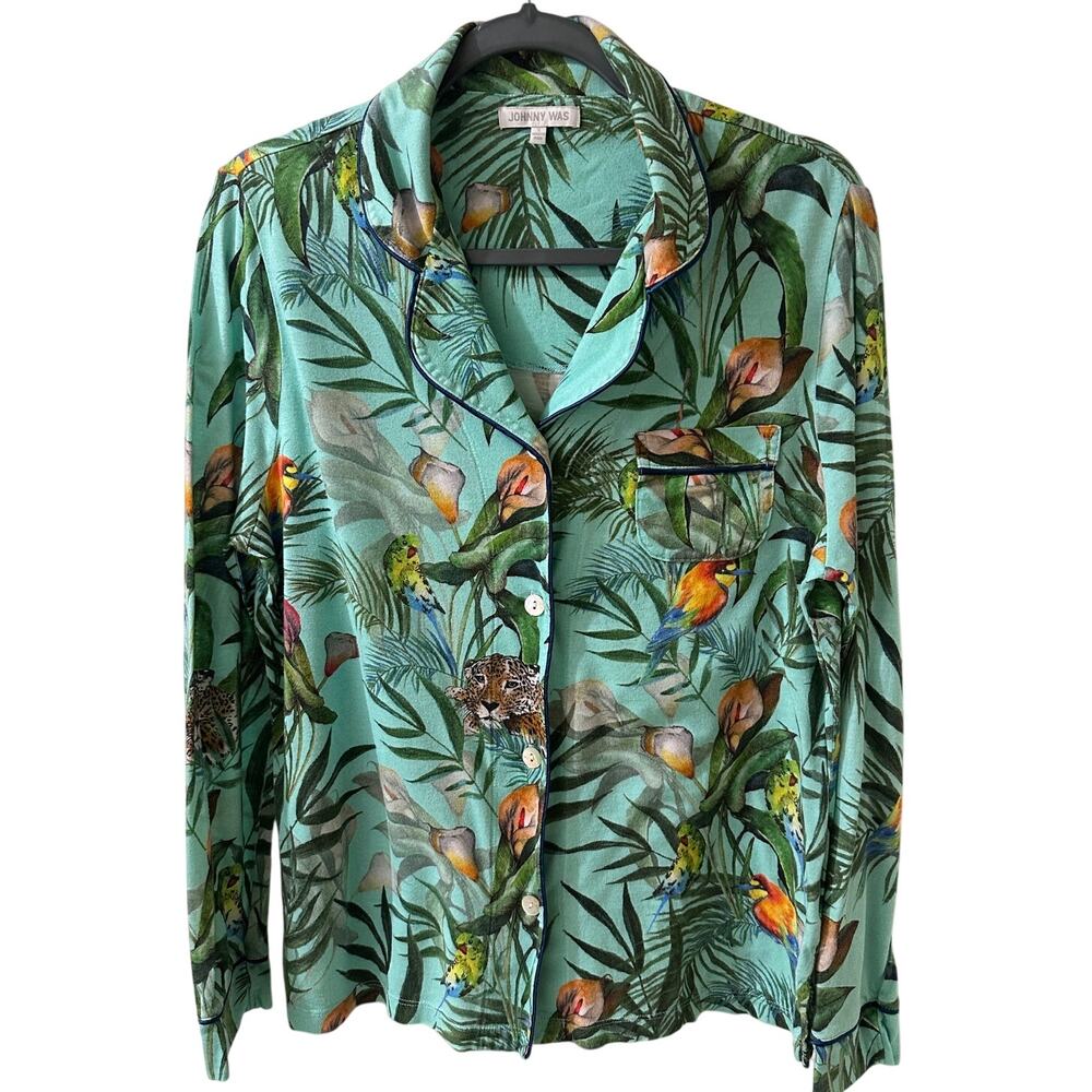 Johnny Was Tropical Jungle Novelty Birds Pima Cotton Pajama Top Size S